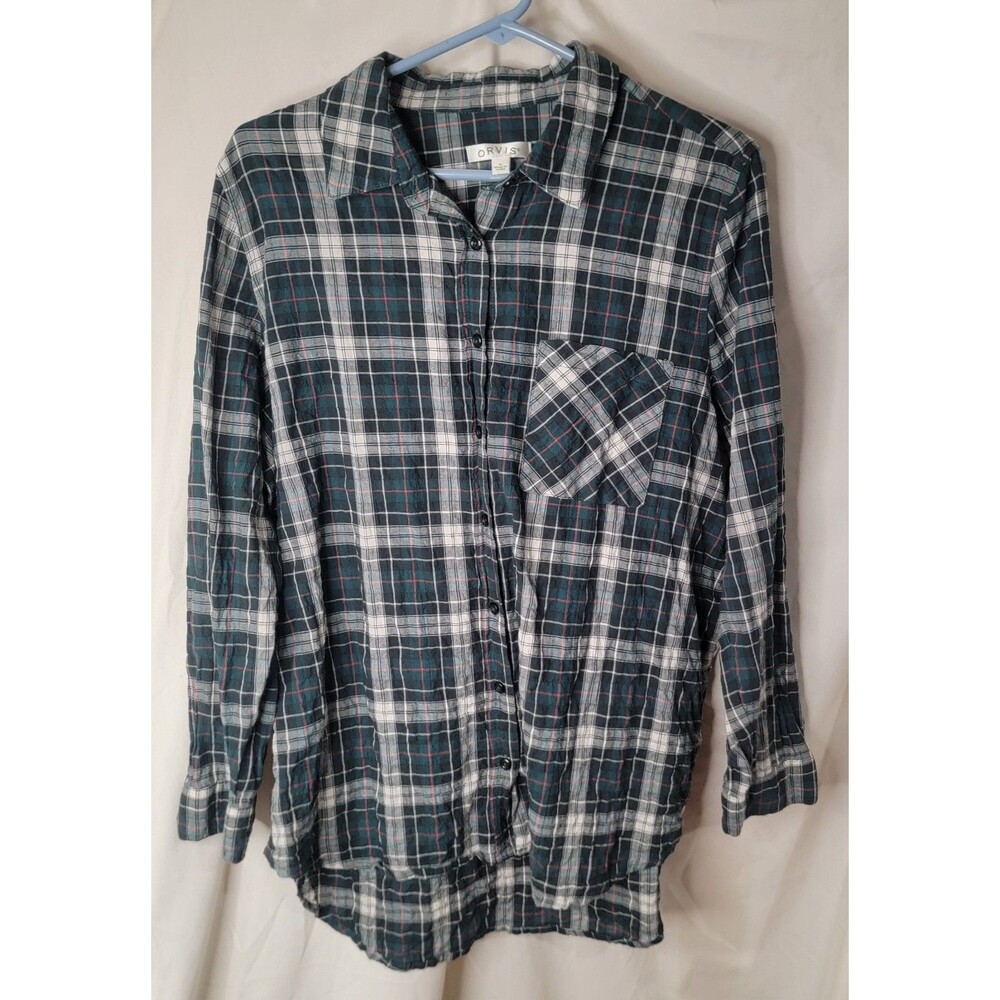Orvis Womens Med Button Front Shirt Green Plaid Long Sleeve Outdoor Casual
